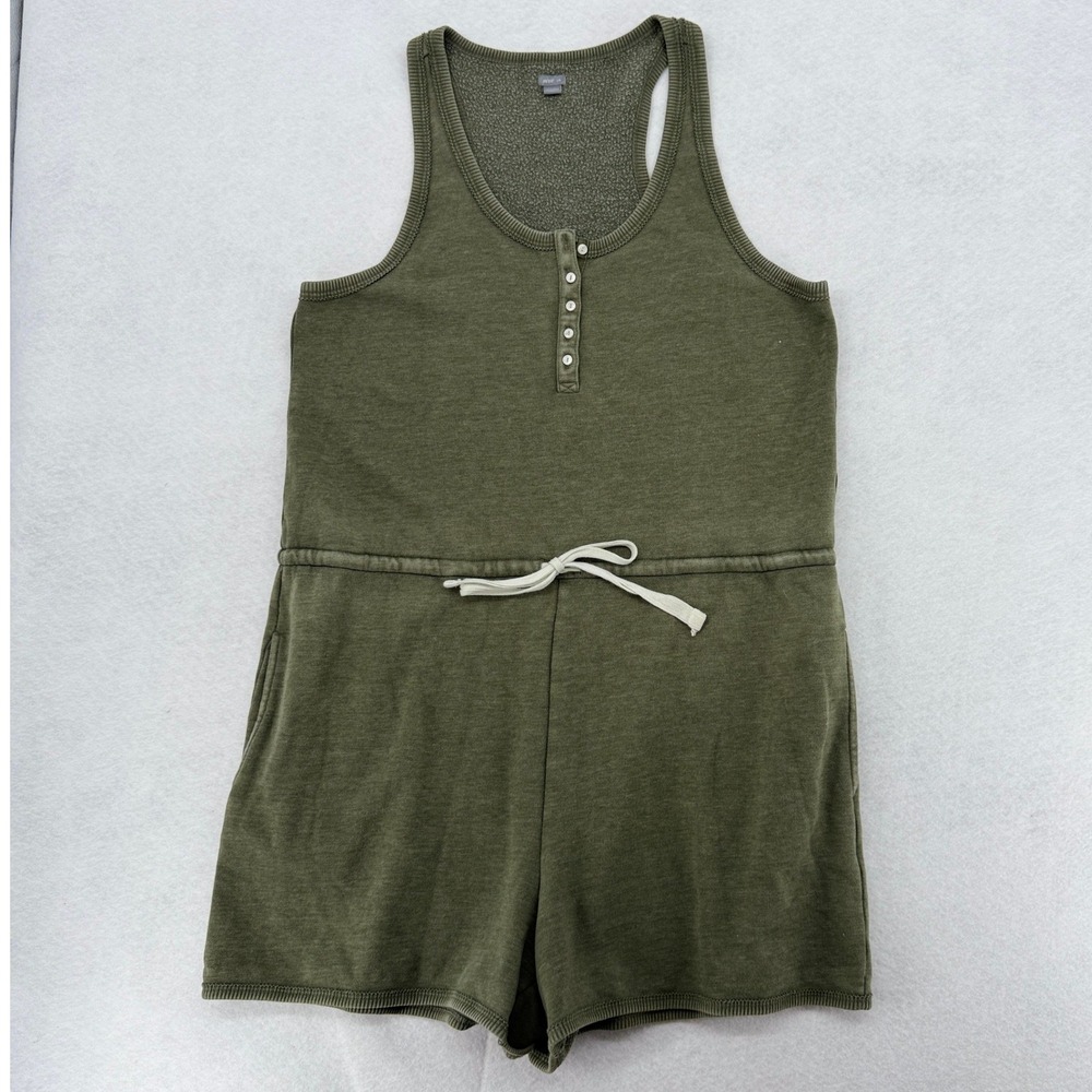 Aerie Womens Olive Green Henley Fleece Romper‎ Sleeveless Drawstring L Large